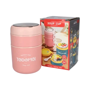 2 Laags Voedselcontainer - Thermos Voedsel Container - met Opvouwbare Lepel - Roze